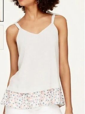 LOFT White Camisole with Pink Floral Knit Spaghetti Straps Ruffle Hem